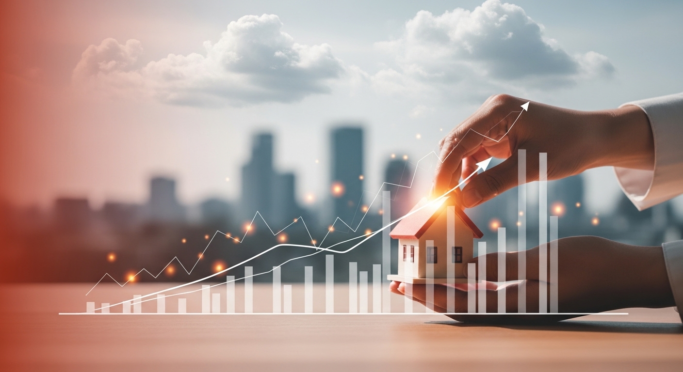 2025년 부동산 시장의 침체 속 반등 시그널을 보여주는 이미지. 손이 주택 모형을 잡고 있고, 뒤로 차트가 회복세를 그린다.