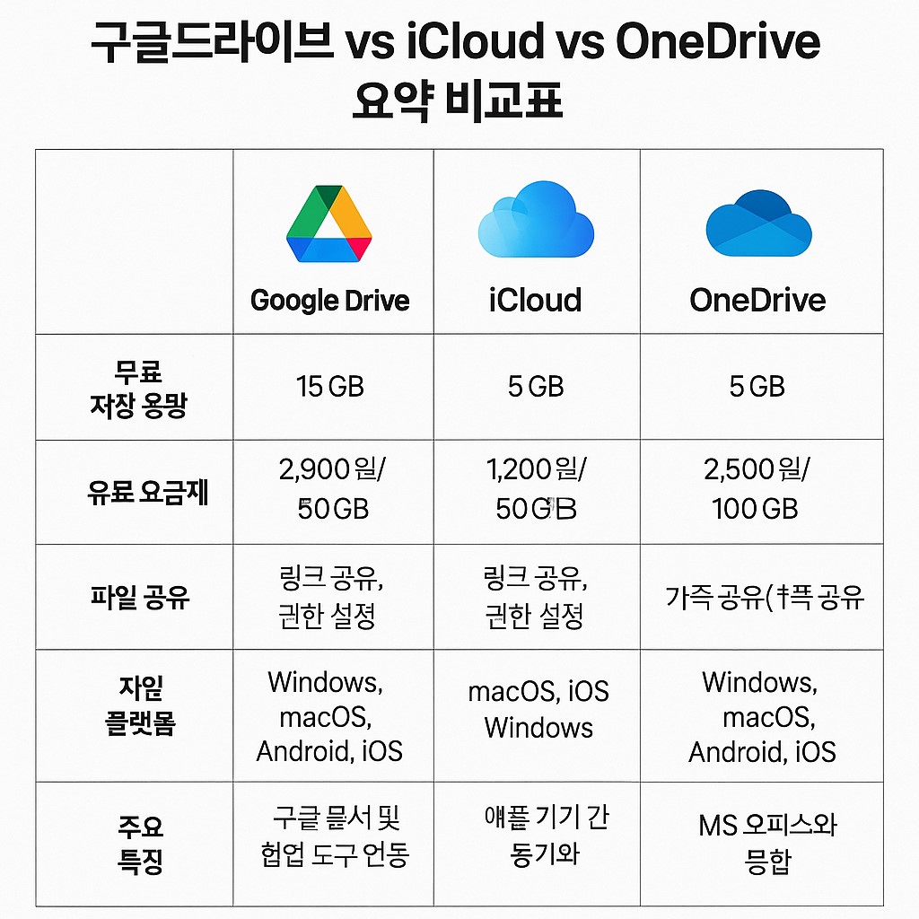 구글드라이브 vs iCloud vs OneDrive 요약 비교표