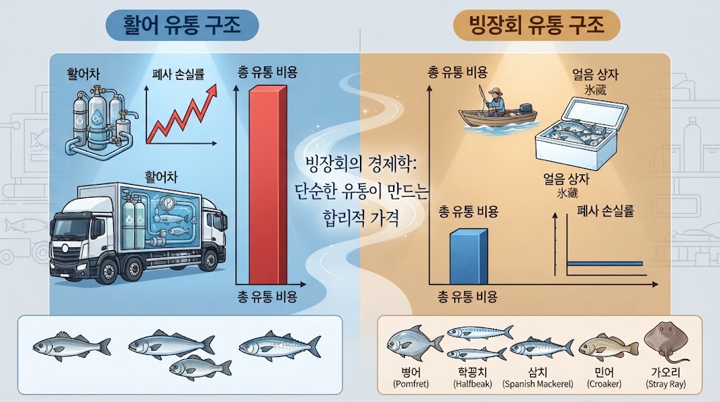 빙장회의 경제학을 직관적으로 비교한 인포그래픽입니다. 왼쪽의 활어 유통 구조는 거대한 활어차, 산소통, 복잡한 수족관 시스템 아이콘과 함께 높은 비용 구조를 상징하는 붉은색 그래프가 그려져 있습니다. 오른쪽의 빙장회 구조는 단순하게 잡은 생선을 얼음 상자(氷藏)에 담아 바로 운반하는 간결한 유통 과정을 보여주며, 낮은 비용 구조를 상징하는 파란색 그래프가 대비됩니다. 왜 빙장회가 더 저렴하고 다양한 어종을 즐길 수 있는지 경제학적으로 설명합니다. (경제 인포그래픽)