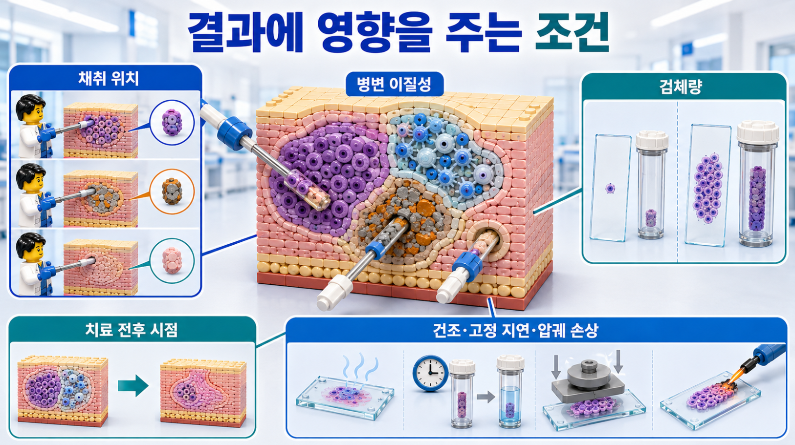 채취 위치와 검체량, 병변 이질성, 검체 처리 손상, 치료 전후 시점이 세포&middot;조직검사 결과에 미치는 영향을 설명한 의료 인포그래픽