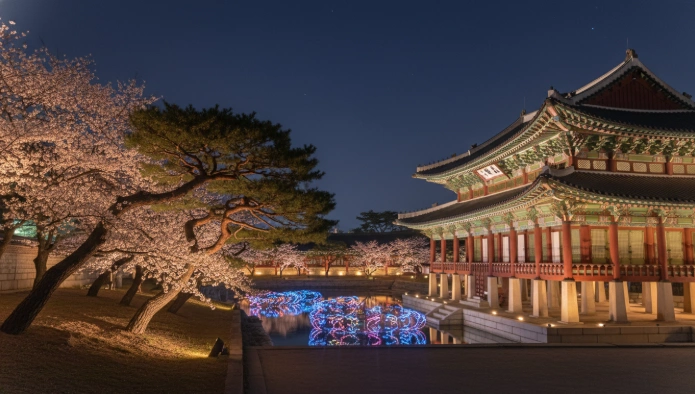 창경궁 명정전의 야간 전경. 전통 건축물의 아름다운 선이 은은한 조명 아래 고즈넉하게 빛나고 있다.창경궁 명정전의 야간 전경. 전통 건축물의 아름다운 선이 은은한 조명 아래 고즈넉하게 빛나고 있다.