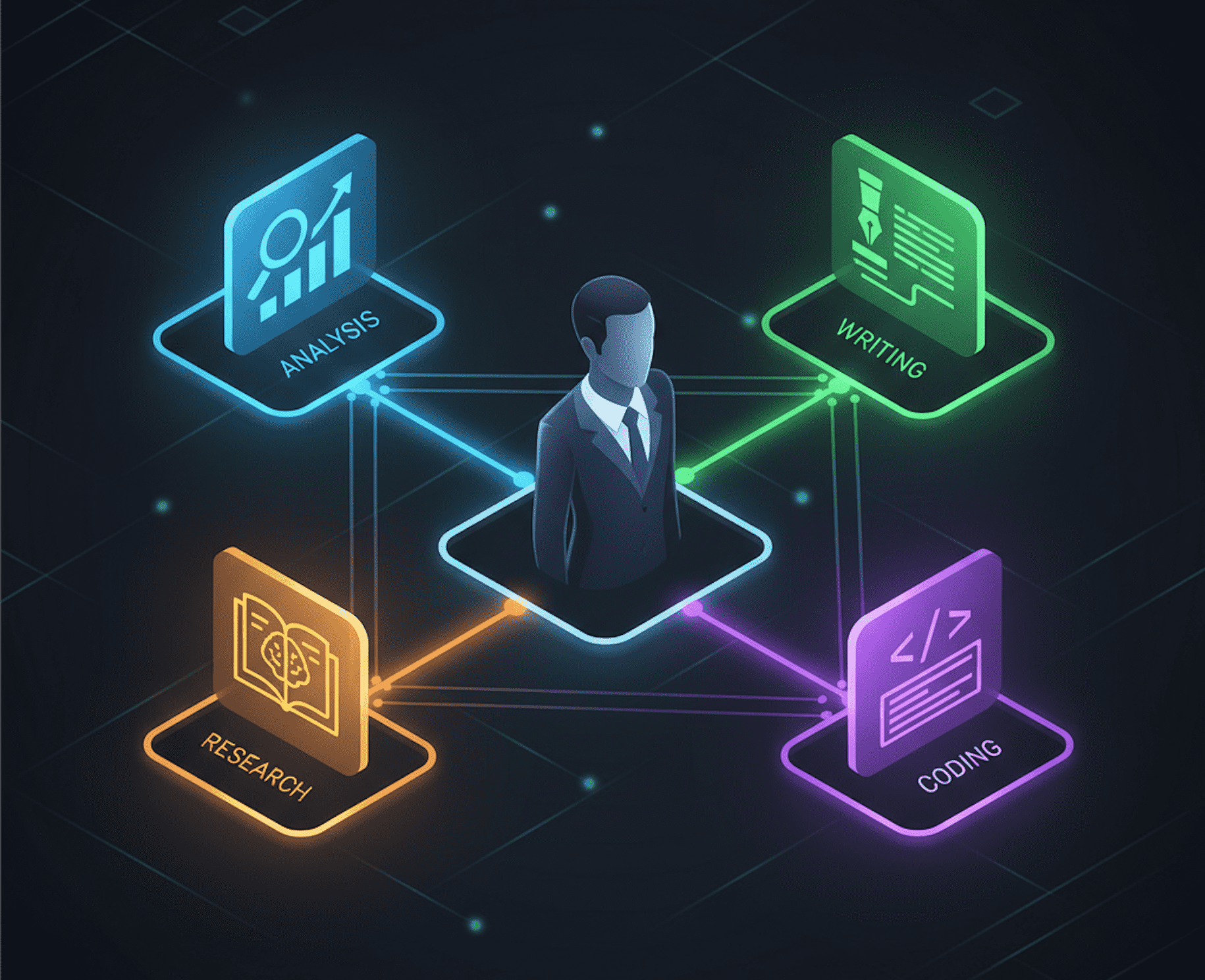 개인이 다양한 AI 시스템과 협업하여 복잡한 프로젝트를 완성하는 개념을 시각화한 다이어그램