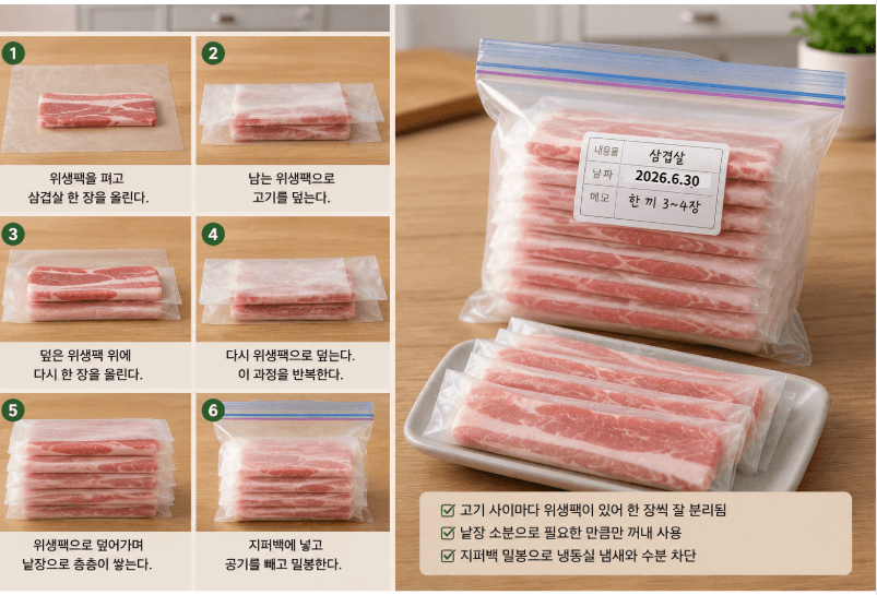 냉동 삼겹살을 위생팩으로 덮어가며 낱장으로 쌓아 지퍼백에 넣은 소분 보관 모습