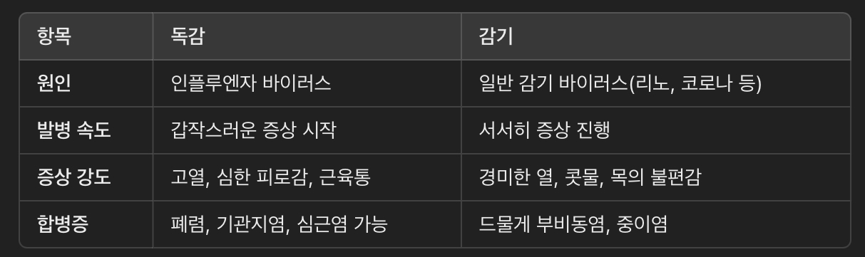독감과 감기의 차이점