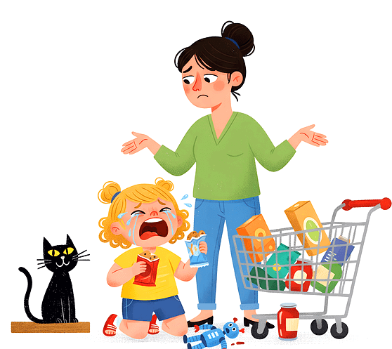 엄마가 카트 옆에 서서 양팔을 들고 있고, 노랑머리 여자 아이가 울고있는 그림이다.