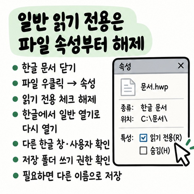 윈도우 파일 속성의 읽기 전용 해제 후 한글에서 일반 열기로 다시 열고 다른 사용자 사용 여부와 저장 권한을 확인하는 해결 카드