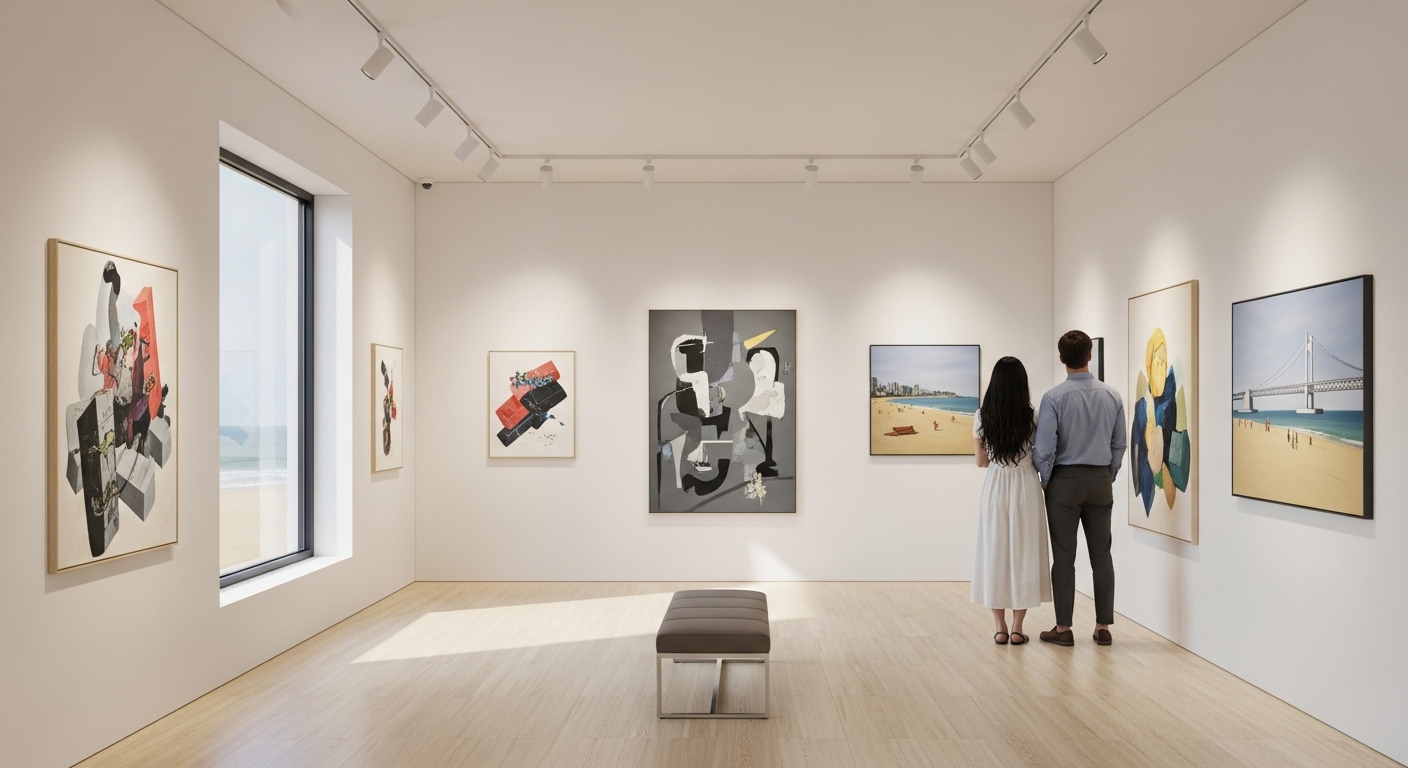 광안리 해변 근처의 아늑한 현대 미술 갤러리 내부, 커플이 그림을 감상하고 있는 모습. 문화적인 데이트를 즐기기에 좋은 분위기를 담고 있습니다.