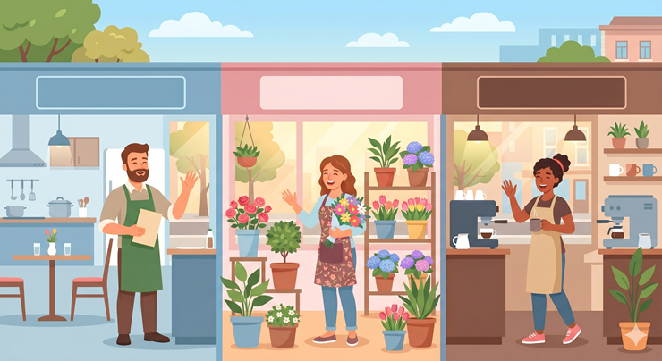 카페, 식당 등 다양한 업종의 소상공인들이 혜택 대상임을 나타내는 따뜻한 일러스트