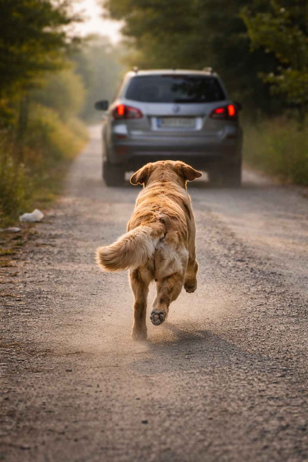 버리고 떠나는 주인의 차를 따라 필사적으로 달려가는 대형견의 뒷모습을 담아 유기의 현실과 보호자 책임을 보여주는 사진