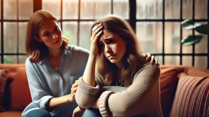 스트레스 받는 여성과 달래주는 친구 사진