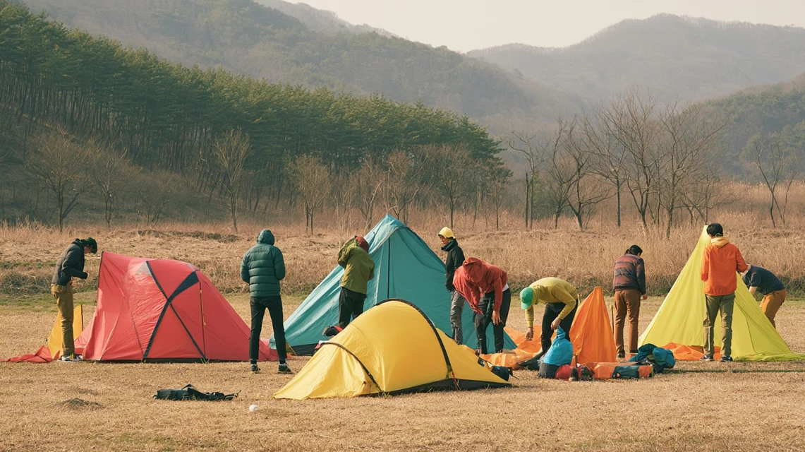 캠핑 동호회 회원들과 함께 텐트를 설치하는 모습