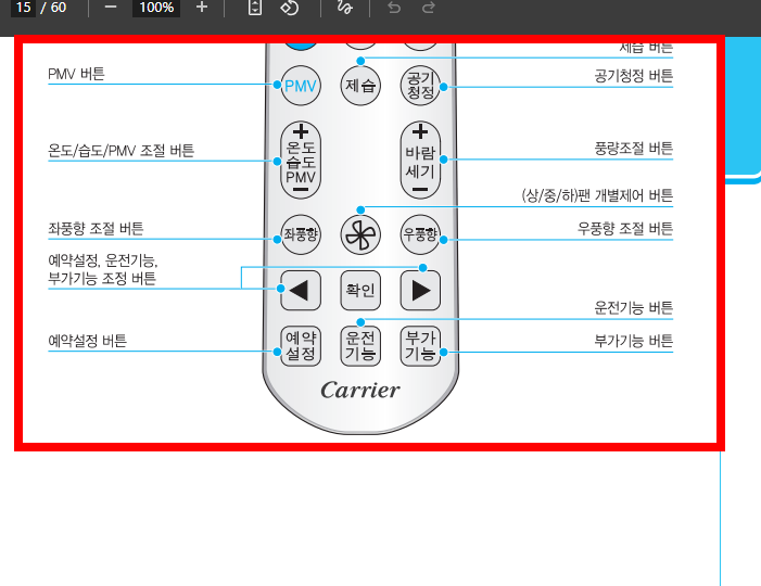 캐리어 냉난방기 리모컨 사용법 (사진)
