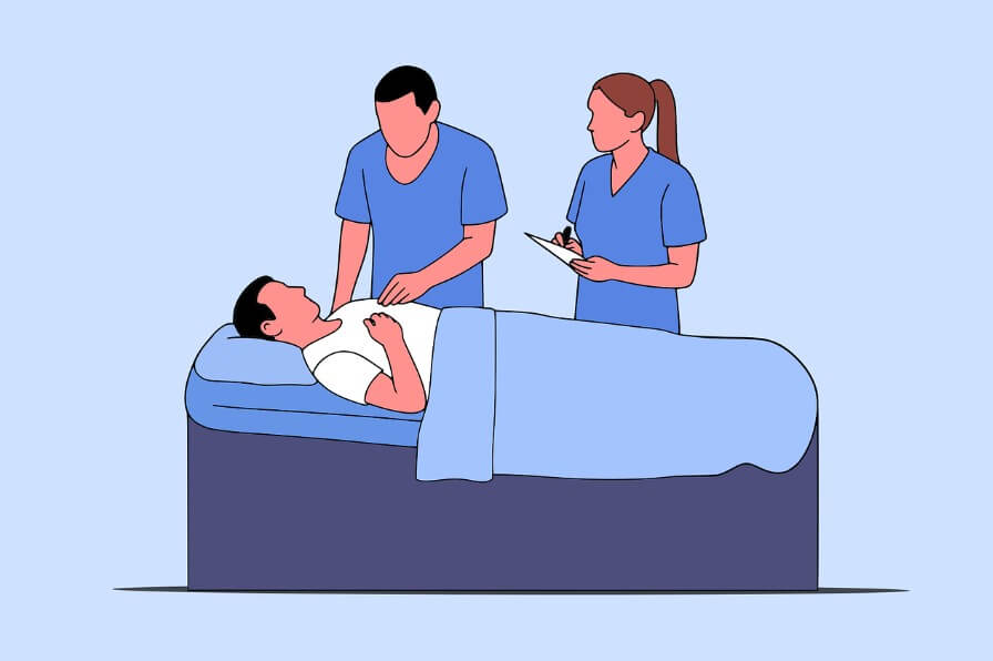 누워 있는 환자의 상태를 체크하는 의사들