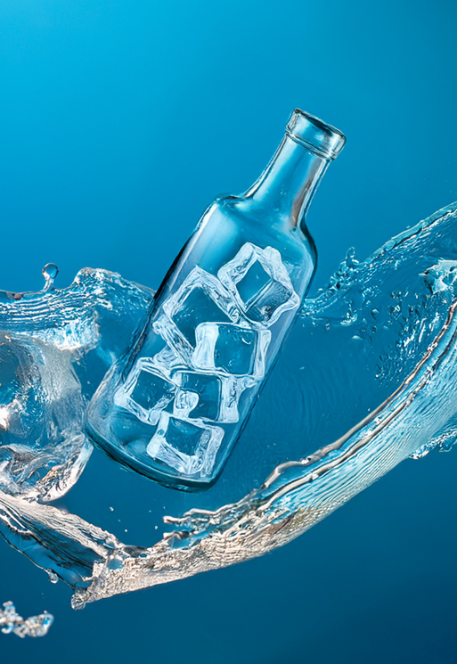 glass bottle with ice cubes inside