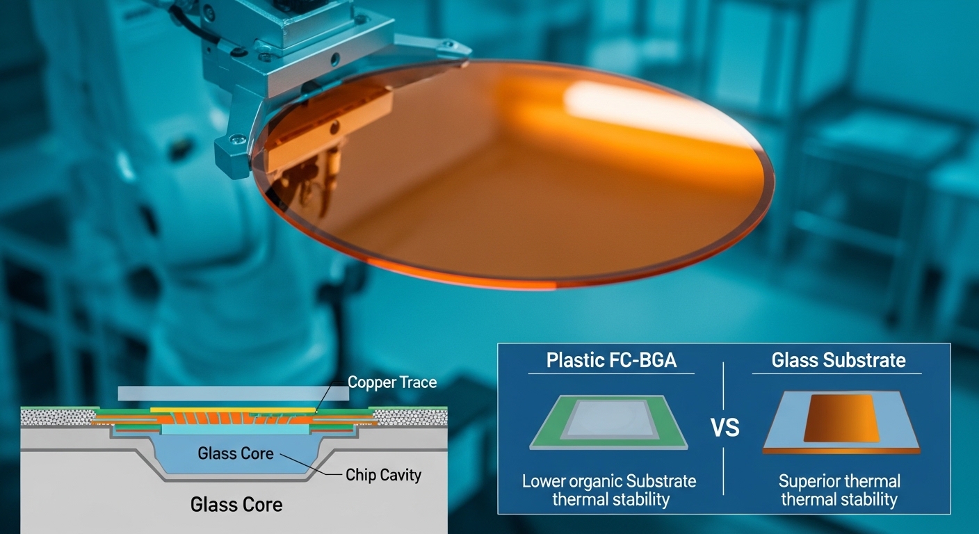 Absolics semiconductor glass substrate cleanroom close-up. Translucent orange-amber glass core wafer on robotic arm. Teal blue ambient light. Cross-section layer diagram overlay glass core, copper trace, chip cavity. Comparison labels plastic FC-BGA vs glass substrate thermal stability. Georgia USA factory. English only.