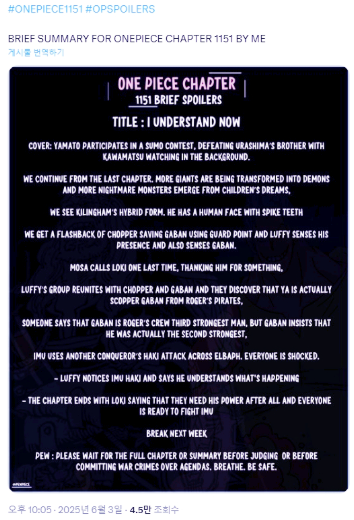 원피스 1151화 만화 이제 알겠어 루피 상황 파악 완료 킬링엄 충격 스포 주의1