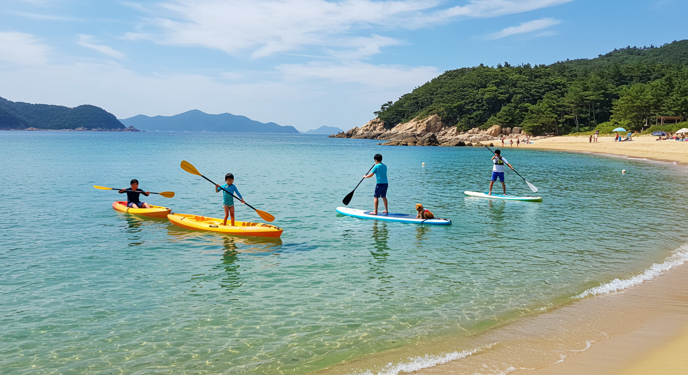 강릉 사천진 해변에서 씨카약과 패들보드를 타는 가족