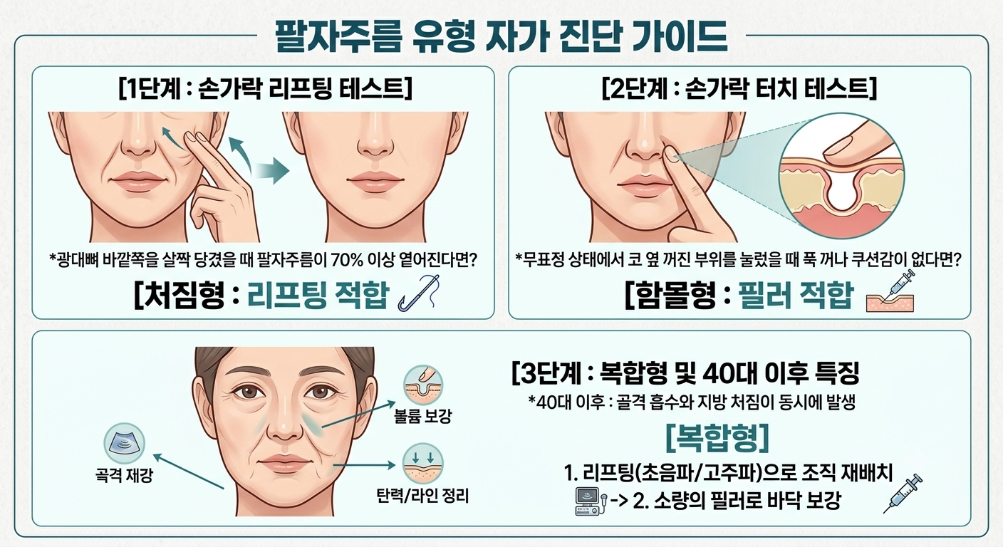 3D 여성 캐릭터가 태블릿을 들고 팔자주름 자가진단법을 손가락으로 가리키며 설명하는 썸네일 이미지. 상단에는 '팔자주름 유형 자가 진단 가이드' 체크리스트가 있고, 하단에는 '함몰형: 필러 적합' 배지가 강조되어 있다.