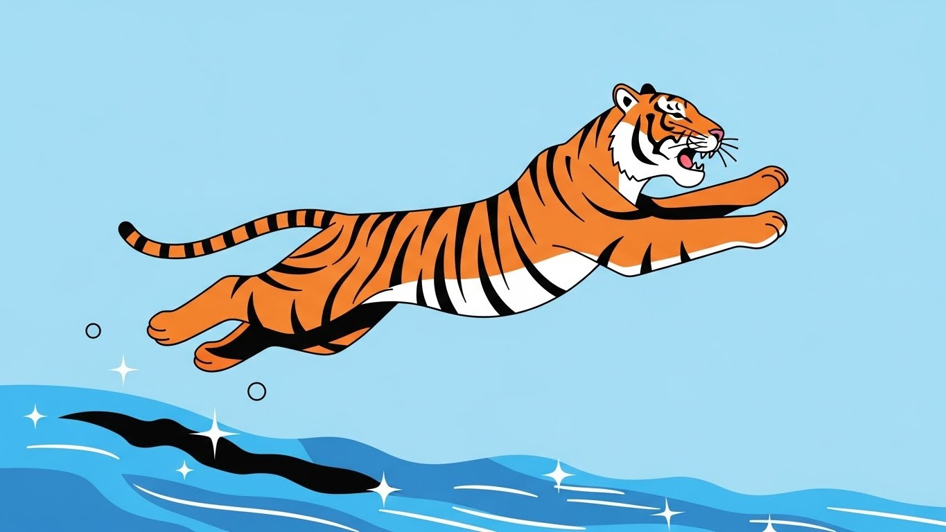 반짝이는 개울을 힘차게 뛰어넘으며 도약하는 호랑이 캐릭터의 2D 플랫 벡터 일러스트