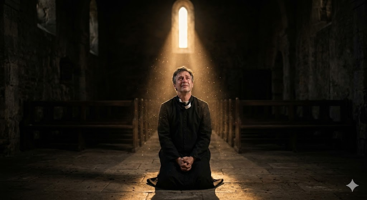 어둠 속에서 무릎 꿇은 테오에게 쏟아지는 한 줄기 구원의 빛, 극적인 명암 대비