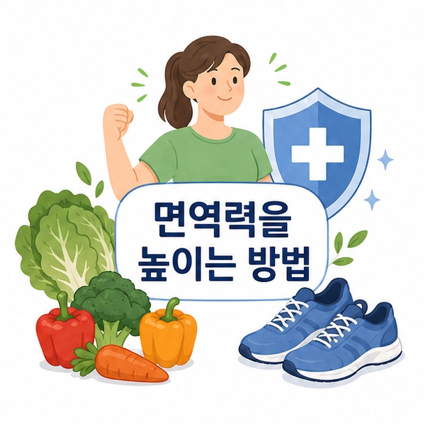 건강한 생활습관과 방패 모양의 면역 아이콘을 이용해 면역력을 관리하는 기본 방법을 보여주는 그림