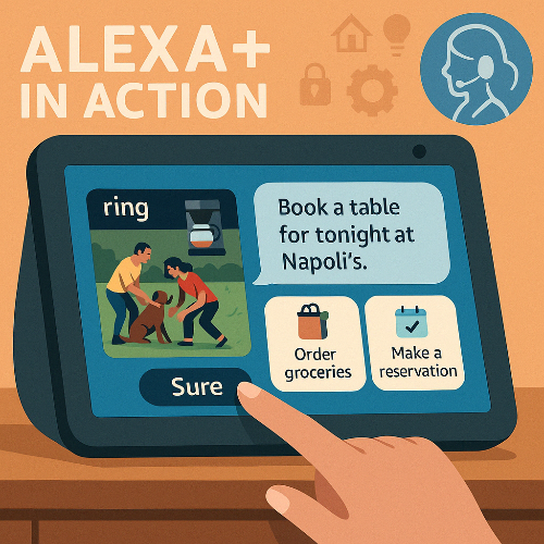Amazon의 Echo Show 15 디바이스에 Alexa+가 실행되고 있는 장면을 보여주는 일러스트. 화면에는 식료품 주문, 레스토랑 예약 등 AI가 처리한 명령 결과가 표시되어 있음.