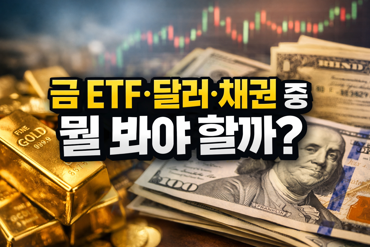 금 ETF 달러 채권 비교 개념 이미지, 금괴와 달러 지폐 그리고 금융 차트 배경으로 금값 조정 이후 어떤 자산을 볼지 설명하는 투자 주제 썸네일