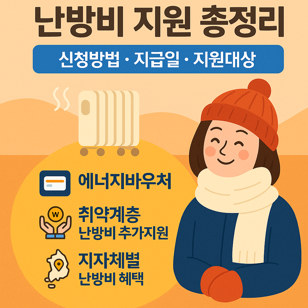 난방비 지원금 안내 인포그래픽 — 에너지바우처와 지자체 지원 요약 이미지