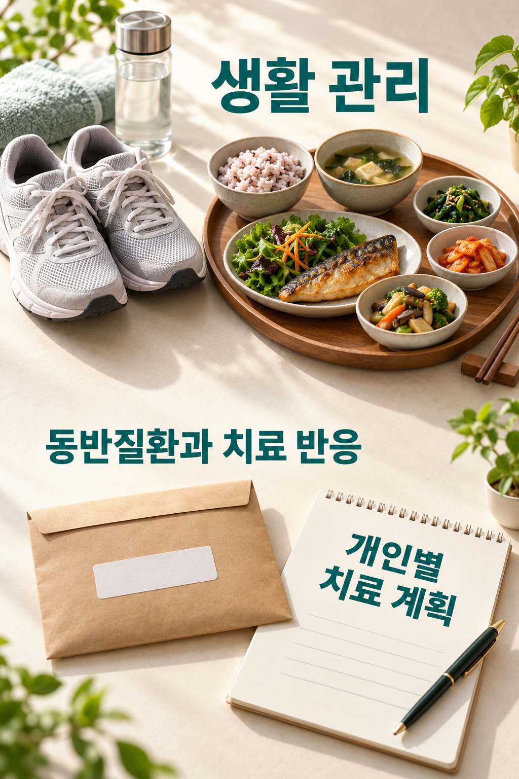 운동화와 식사, 약봉투와 치료 계획 메모를 배치한 구성