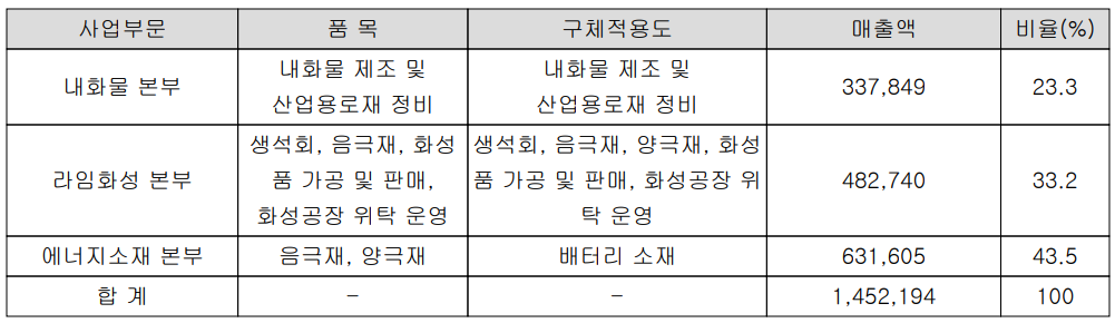 포스코케미칼 주요 사업 부문 및 제품 현황