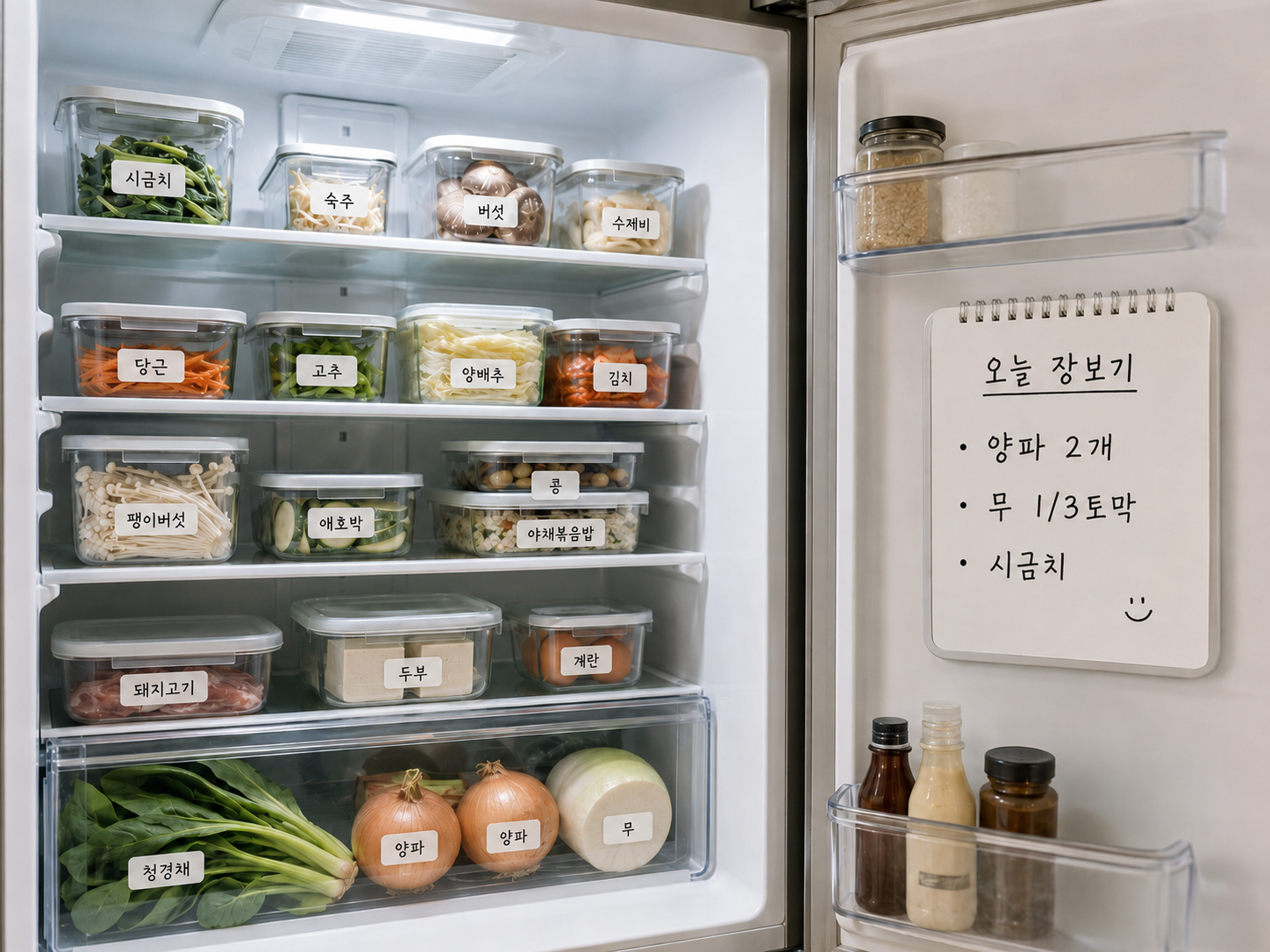 식재료가 투명 용기에 라벨링 되어 깔끔하게 정리된 냉장고 내부와, 냉장고 문에 부착되어 식재료 리스트가 적혀 있는 화이트보드