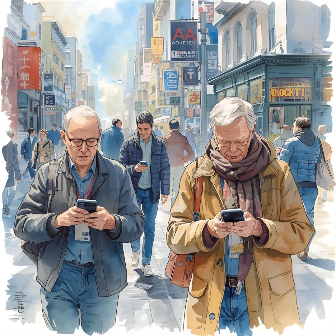 일상 속에서 AI를 활용하는 중장년층의 모습” (예: 스마트폰으로 길 찾기, AI 스피커 사용 등)