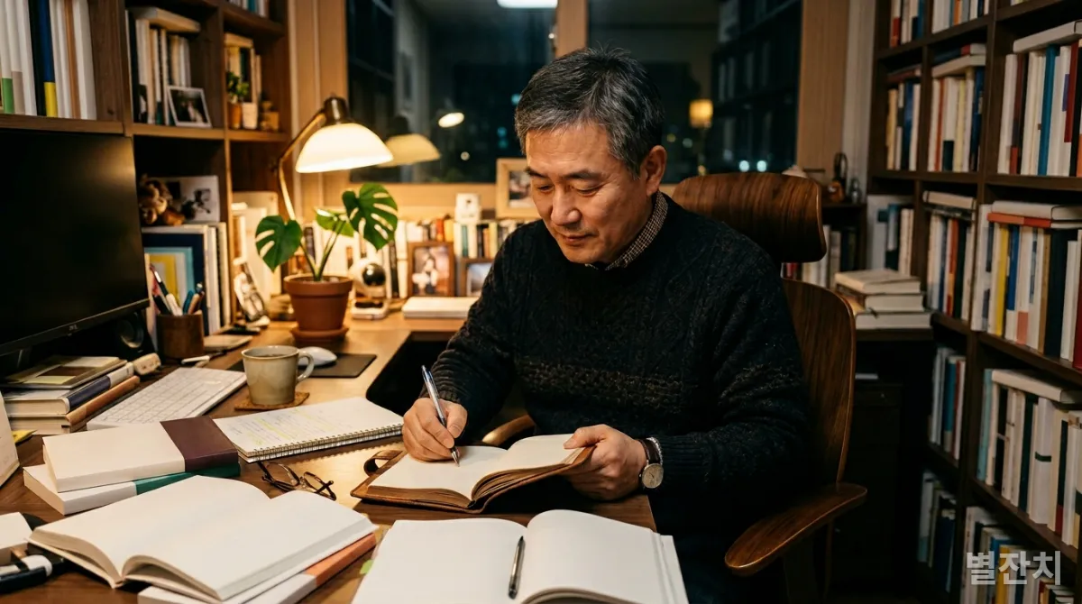한국인 남성이 집 서재에서 일기를 쓰며 자신을 성찰하고 있는 모습