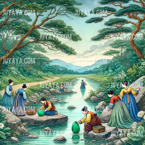 전통 한복을 입은 사람들이 강가에서 옥을 찾고 있는 모습&amp;#44; 자연과 조화로운 장면