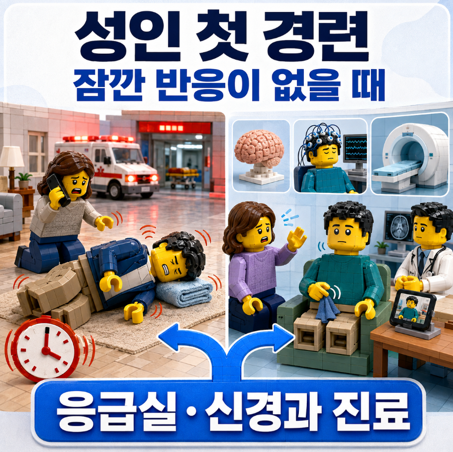 성인 첫 경련과 잠깐 반응이 없는 증상에서 응급실·신경과 진료 경로를 보여주는 의료 인포그래픽 이미지