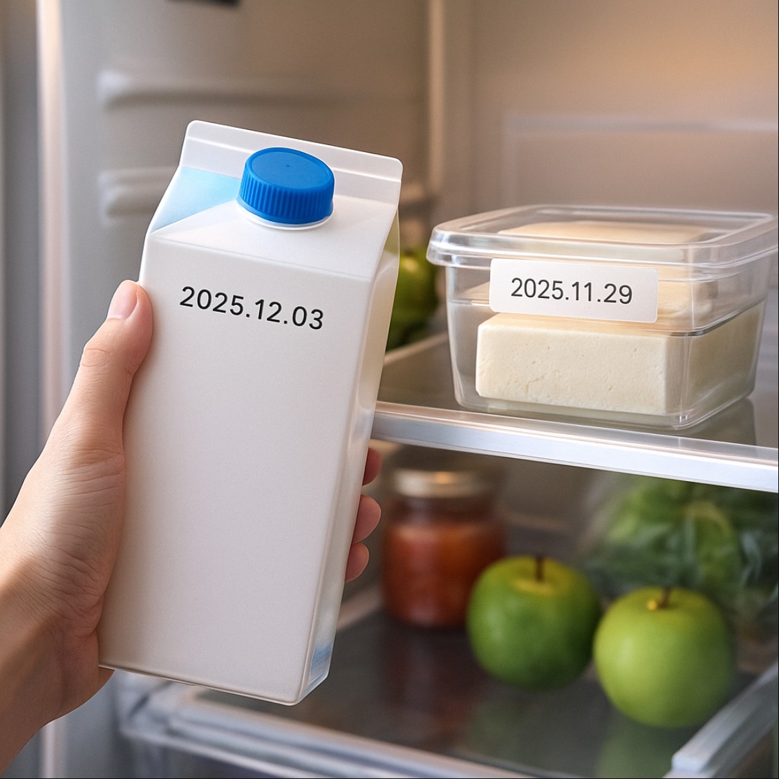 냉장고에서 우유와 두부의 유통기한을 확인하는 장면, 2025년 날짜 표시