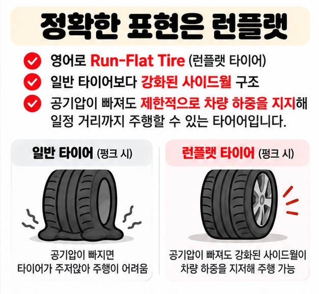 런플랫 타이어는 강화된 사이드월로 공기압이 빠져도 제한적으로 차량 하중을 지지하는 원리를 보여주는 카드