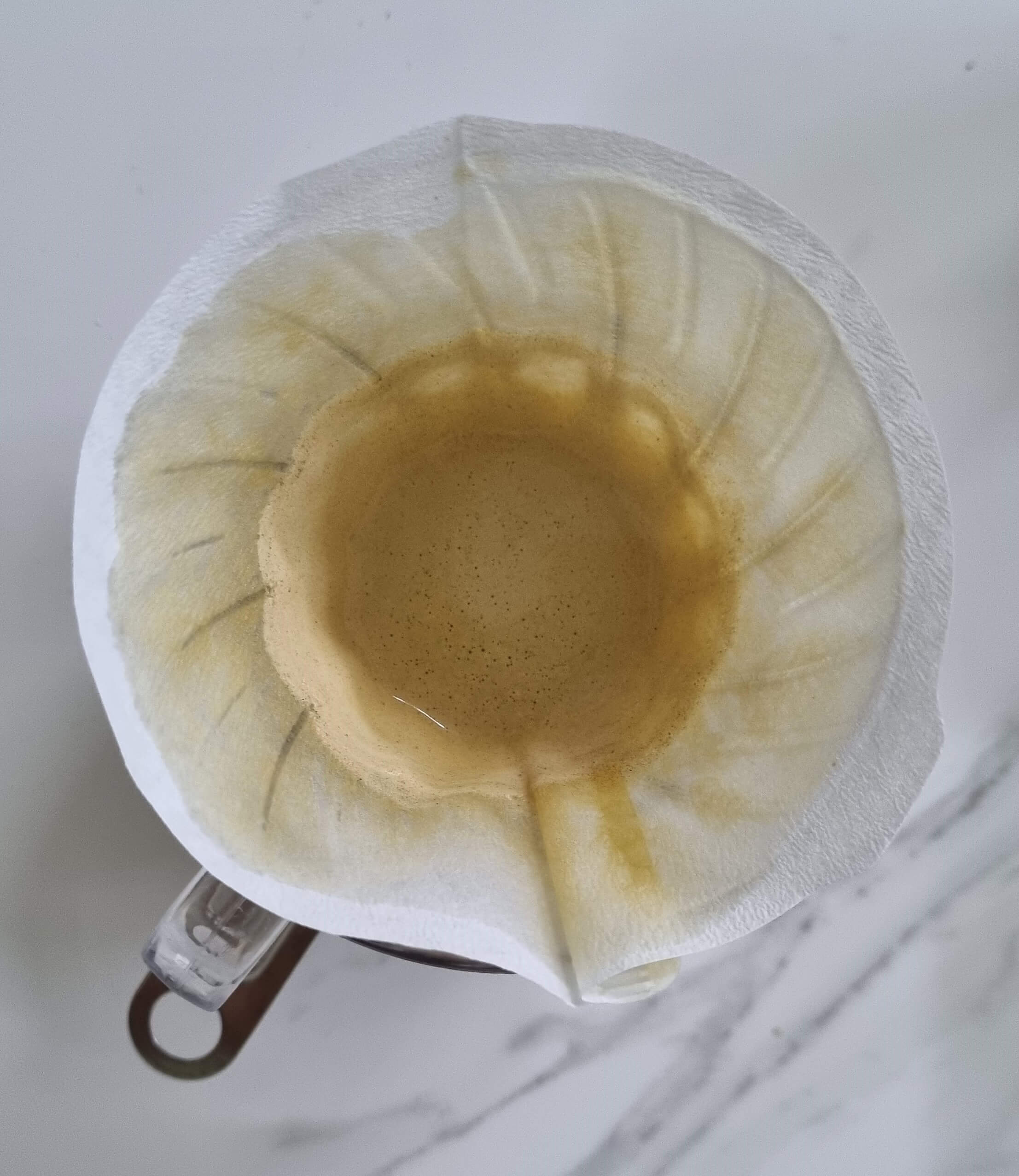 하리오 종이필터를 통해 커피가 추출되고 있는 사진입니다.