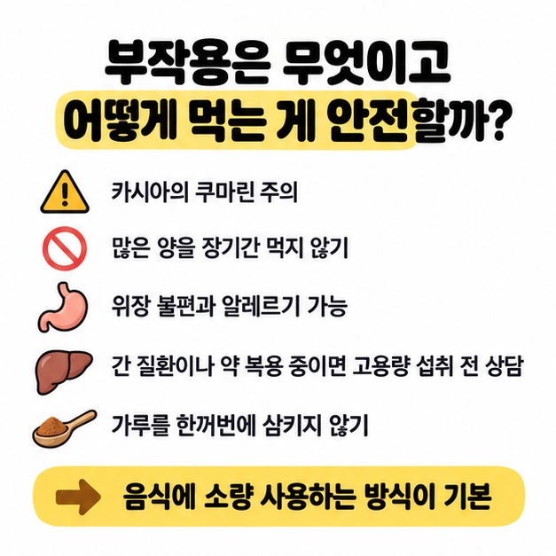 카시아 계피의 쿠마린과 과다 섭취 주의를 보여주는 체크리스트 이미지