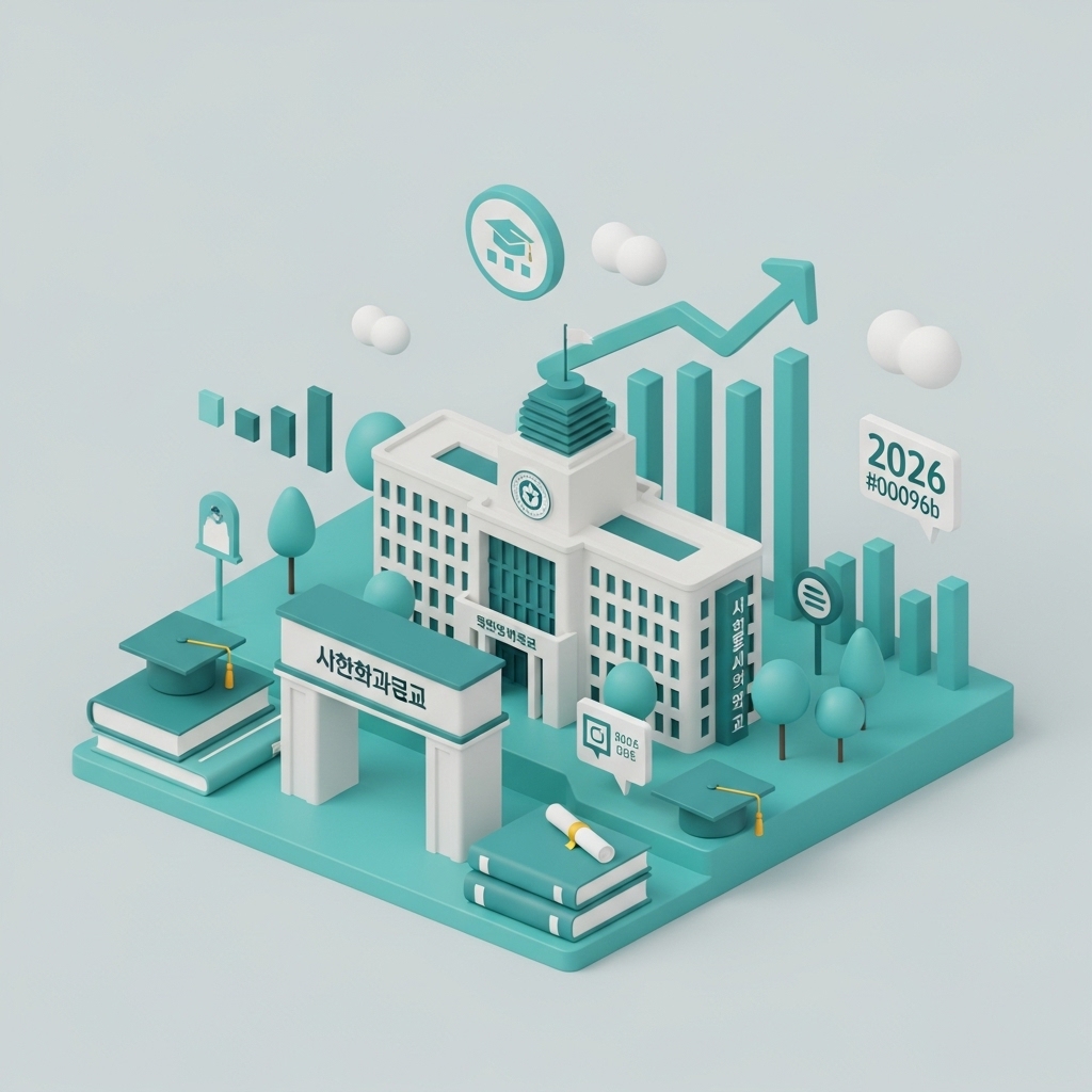 삼육대학교 건물과 학업 관련 요소들이 어우러진 3D 인포그래픽. 2026학년도 정시 변화를 시각적으로 나타내는 심플하고 현대적인 디자인.