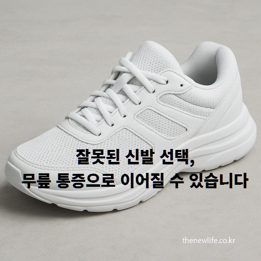 White walking shoes with warning text: "Wrong footwear can lead to knee pain.-잘못된 신발 선택이 무릎 통증으로 이어질 수 있다는 메시지를 담은 흰색 워킹화 이미지