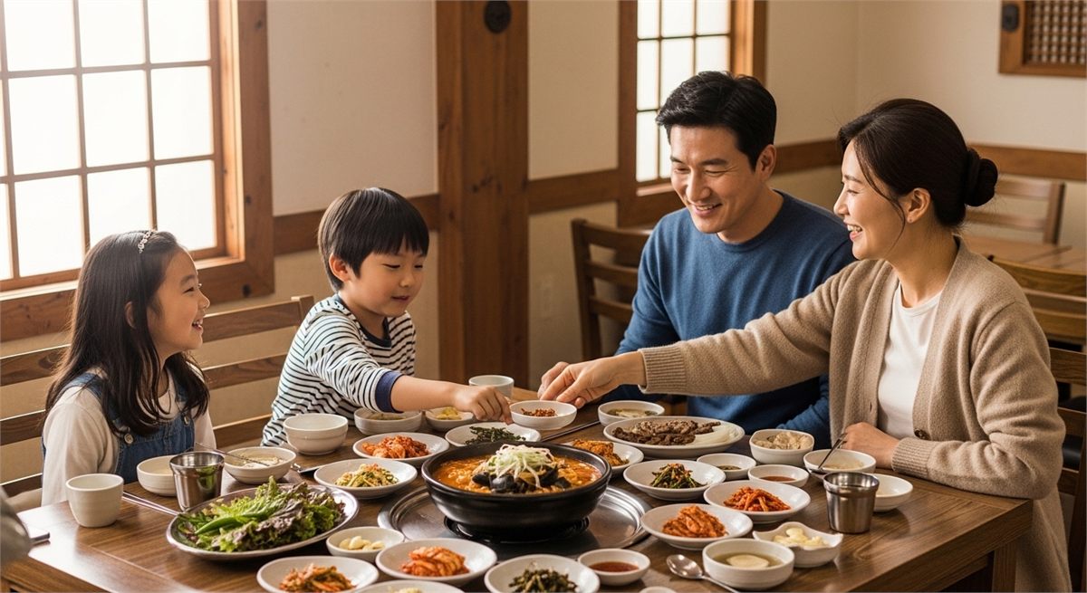 가족 단위 여행객이 함께 식사하는 민박 식당 장면