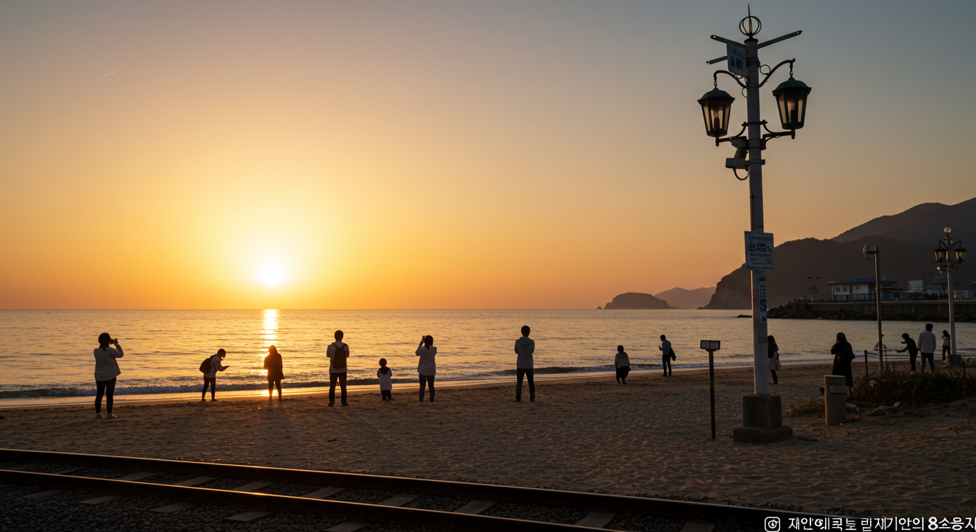 정동진 해변에서 동해 위로 떠오르는 일출과 실루엣으로 보이는 사람들