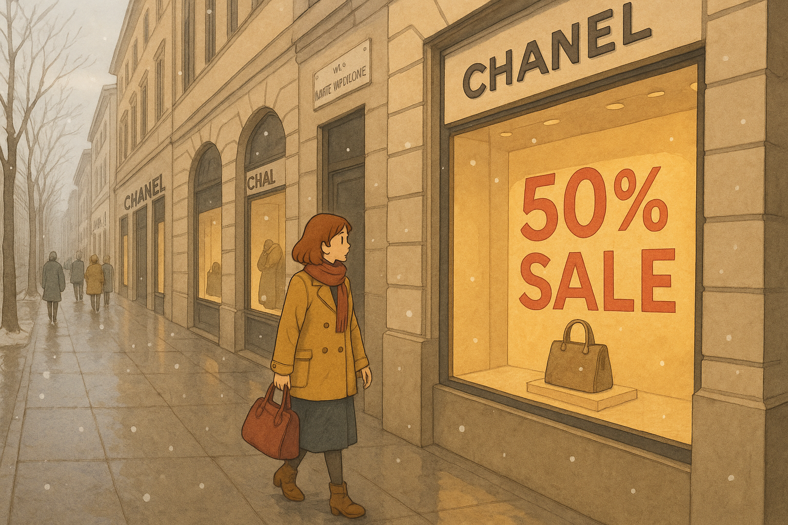 &ldquo;몬테나폴레오네 거리, 쇼윈도에 붙은 50% 세일 표지판&rdquo;