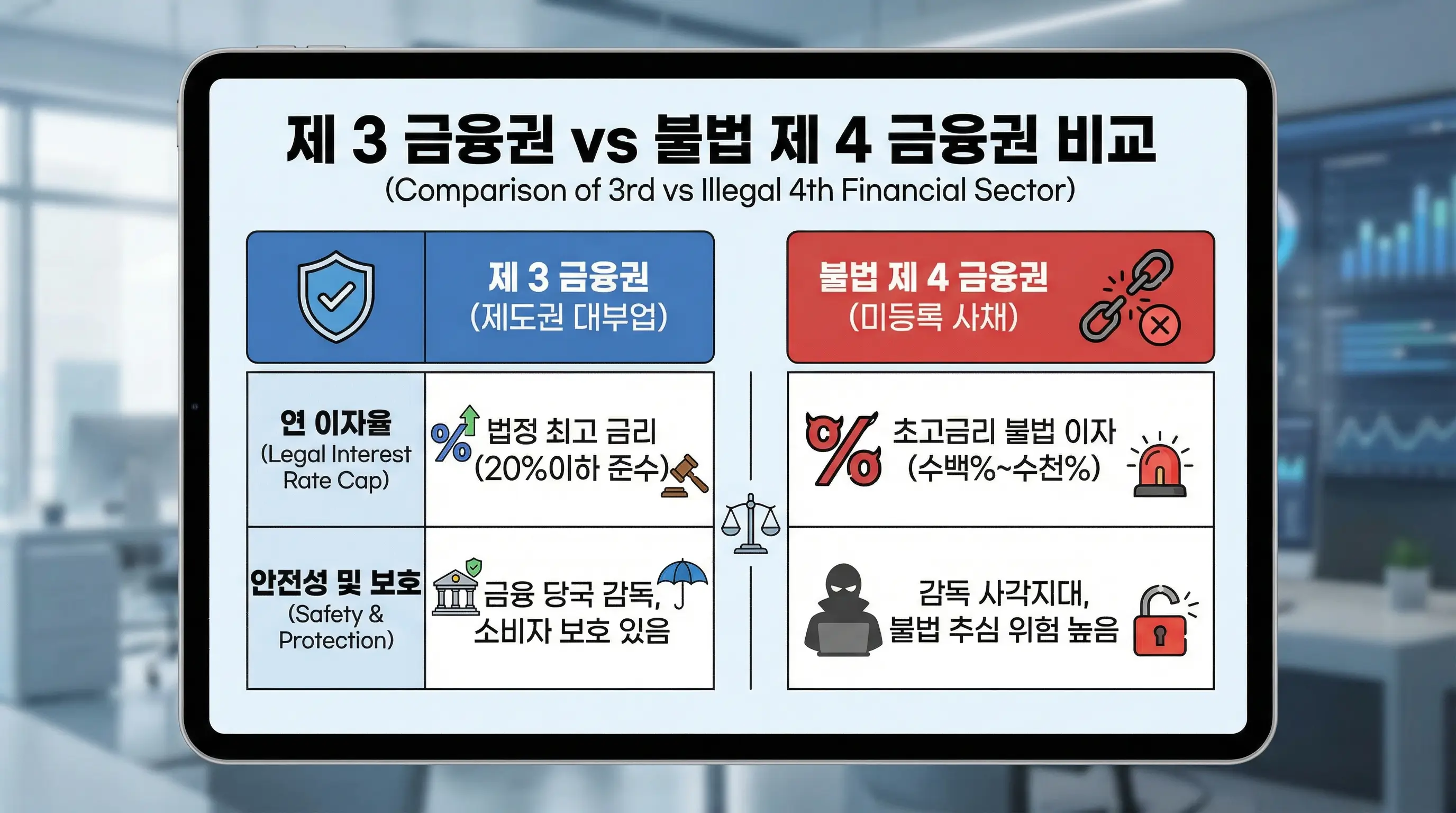 제 3 금융권과 불법 사금융인 제 4 금융권의 이자율 및 안전성 차이를 비교하는 표