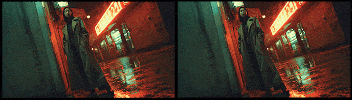 기울어진 Dutch-angle 이미지에 미세한 Handheld 흔들림을 적용해 스릴러 영화 같은 긴장감을 표현한 영상 클립_Midjourney