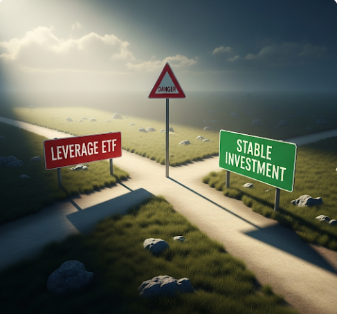 위험 표지판이 있는 갈림길에서 한쪽은 '레버리지 ETF'로, 다른 한쪽은 '안정적 투자'로 표시되어 있는 이미지