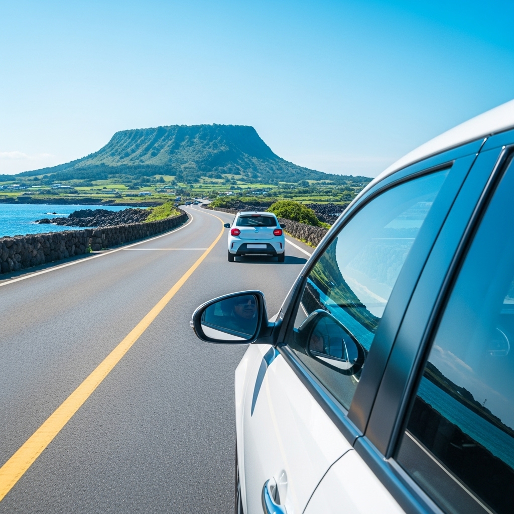 푸른 바다와 오름이 어우러진 제주 해안 도로를 달리는 세련된 소형 렌트카. 여유롭고 경제적인 제주 여행의 시작을 암시하는 풍경.