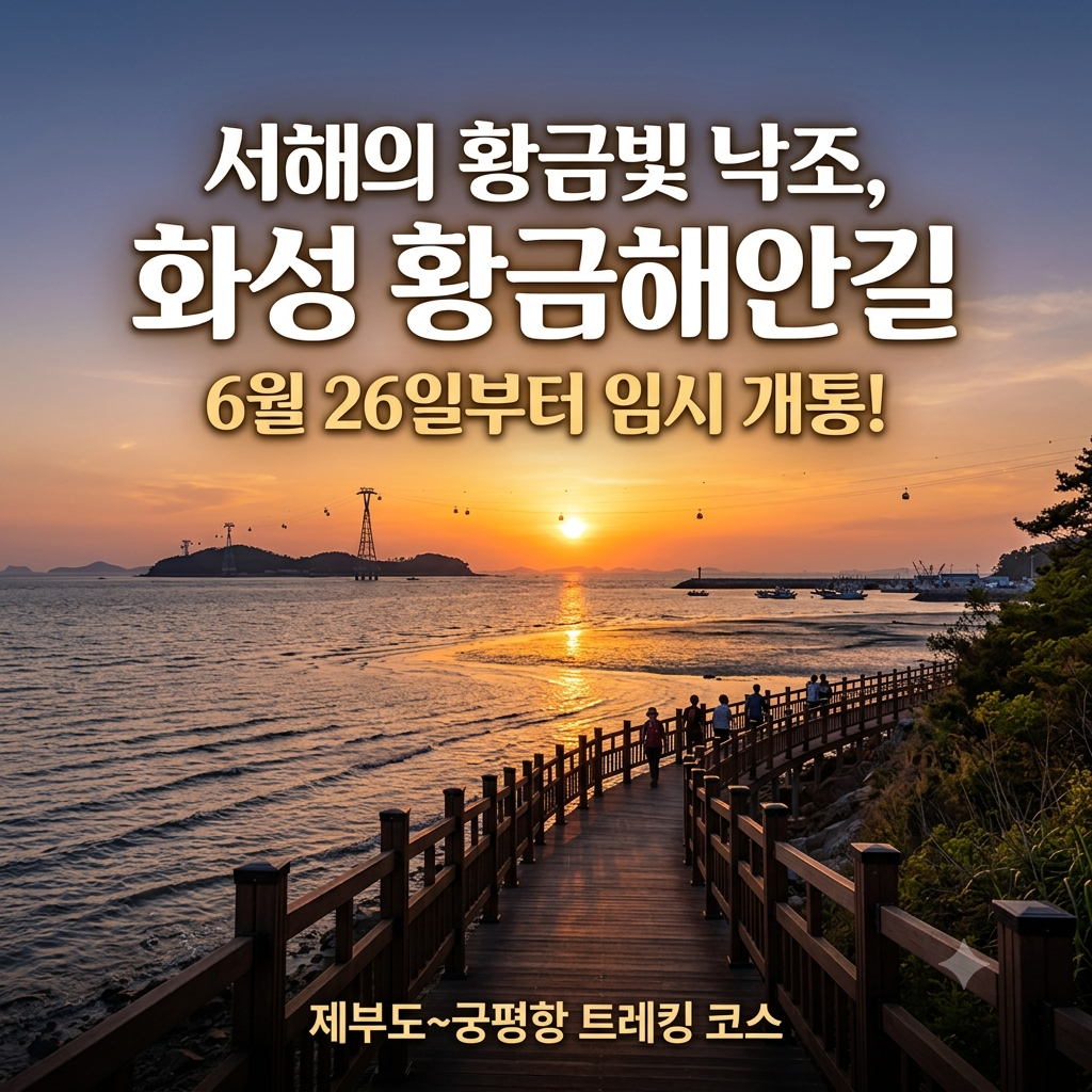 화성 황금해안길에서 서해 낙조와 해안 데크길을 따라 걷는 여행자 모습