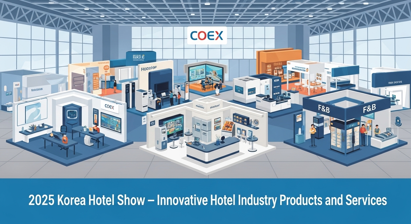 전체적으로 어떤 행사인지를 보여 주는 이미지이고 여러개의 부스들도 보이고 각각의 부스안에는 호텔과 관련된 것들이 진열돼 있는 이미지입니다.